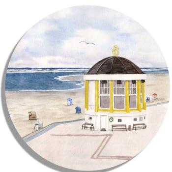 Untersetzer Glasuntersetzer rund 9,5 cm Aquarell Maritim Kunst Druck Kunstdruck Nordsee Pavillon Musikpavillon Insel Borkum Meer Strand